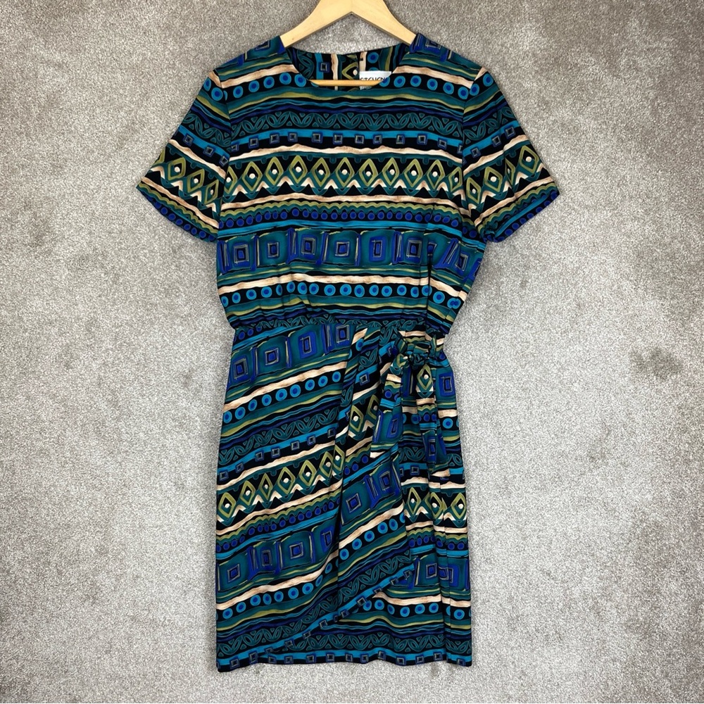 J Stevens Vintage Dress Womens 12 Blue Green Stripe Short Sleeve Polyester-1317*